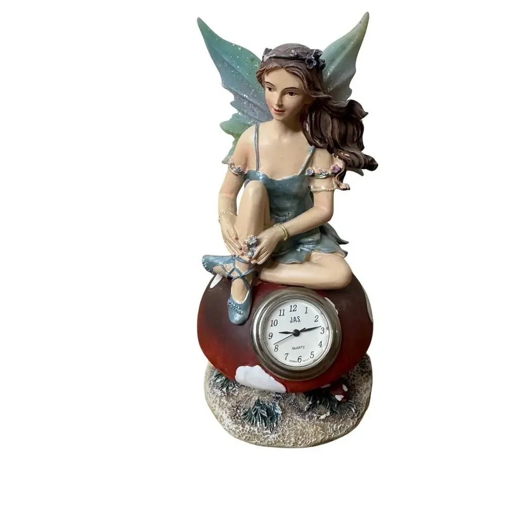 Vintage Miniature Desk Clock Quartz Japan Fairy Sitting on Mushroom Angel Cute